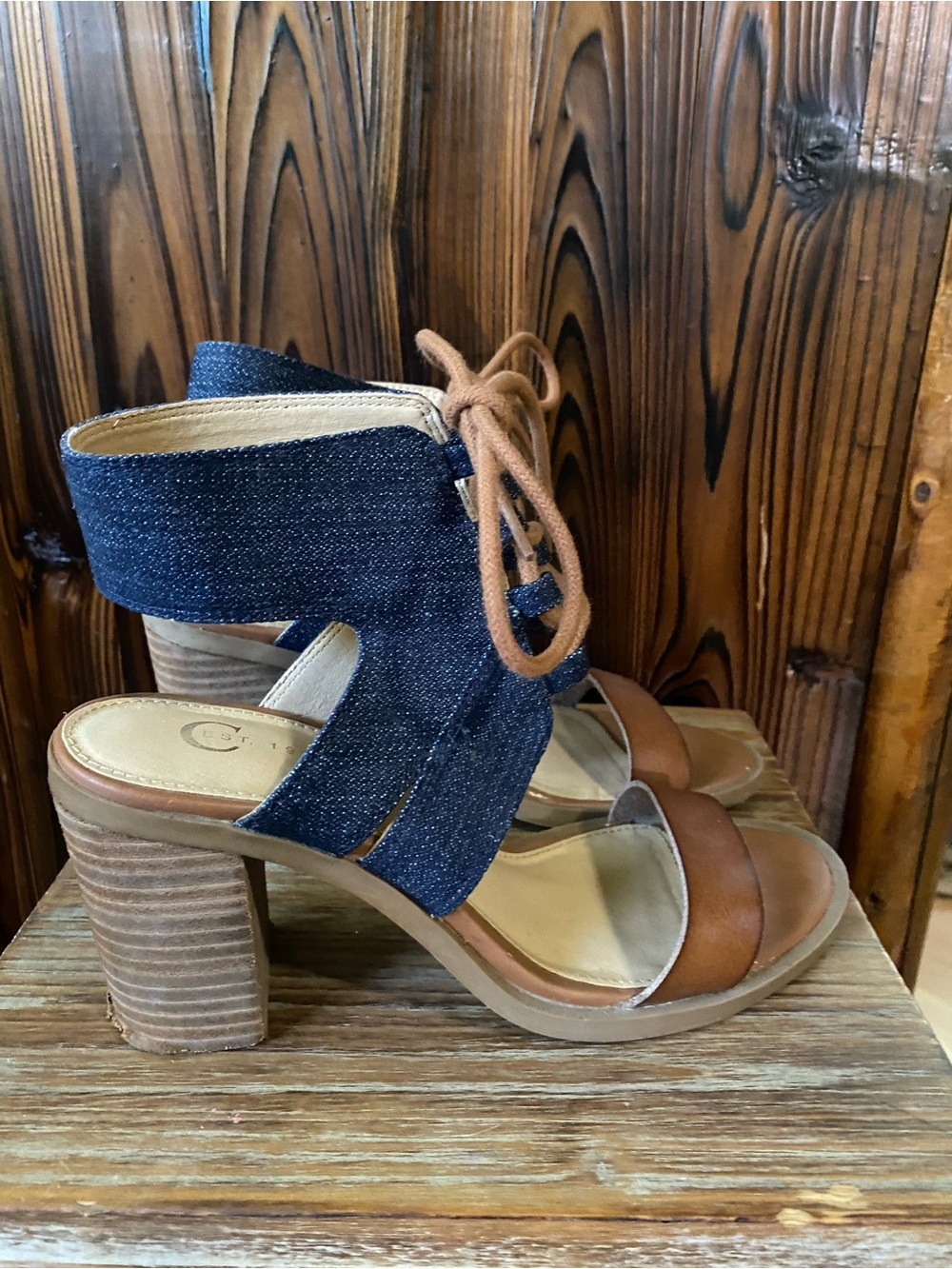 Denim and Tan Block Heel Sandals - Women's Fashion Heels